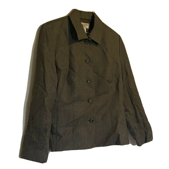 Pendleton Career Blazer Womens Sz 12 Gray Embroidered Sleeves 100% Virgin Wool - Picture 4 of 7